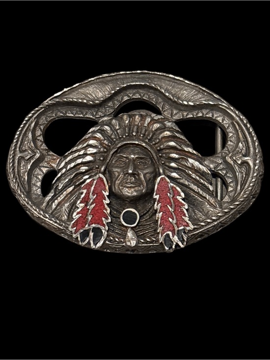 Ejc Other - Vintage 90’s EJC (O) Native Chief Belt Buckle with Red Feather Accents